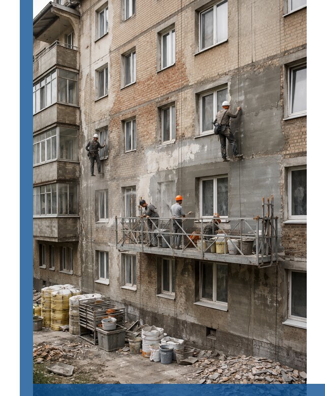 Капитальный ремонт фасада в Лесосибирске с восстановлением и гидроизоляцией