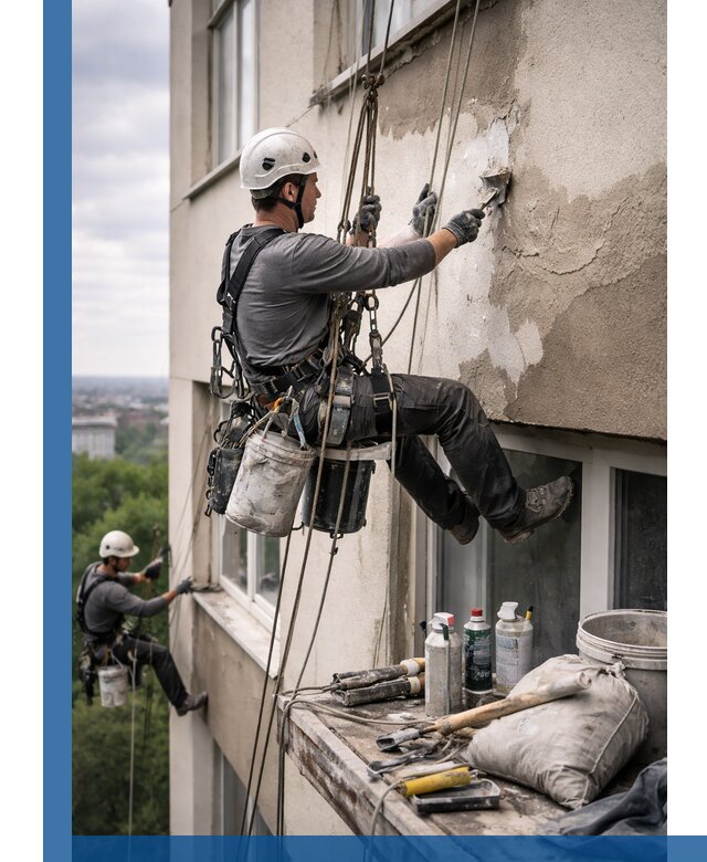 Косметический ремонт фасада зданий в Лесосибирске промышленными альпинистами