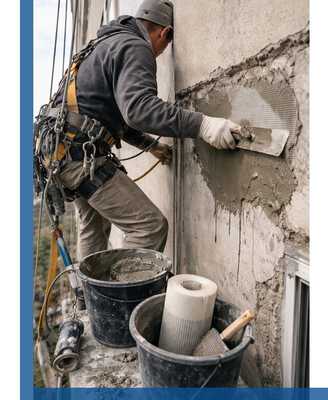 Ремонт бетонных элементов фасада промышленными альпинистами в Лесосибирске