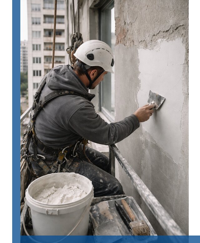 Шпаклевка фасадов на высоте с промальпинистами в Лесосибирске