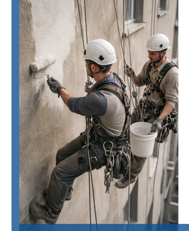 Грунтовка фасада на высоте в Лесосибирске промышленными альпинистами