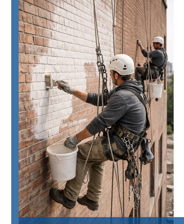 Покраска кирпичного фасада с доступным альпинистским сервисом в Лесосибирске