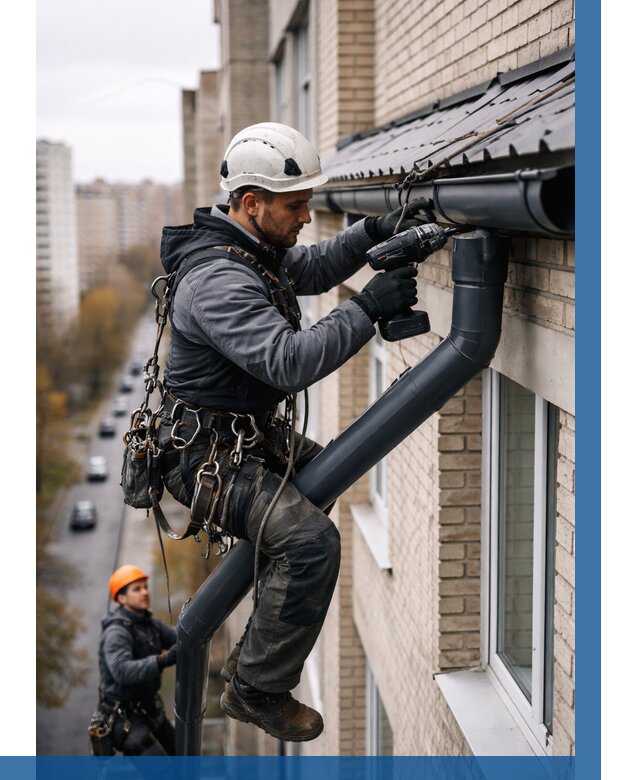 Монтаж водосточной системы на здании в Лесосибирске от 5208 р. | ВЫСОТНИК-Лсс