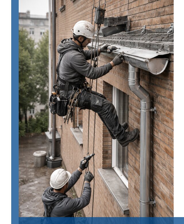 Монтаж водосточной системы на здании в Лесосибирске под ключ