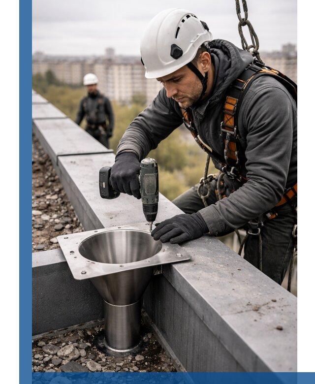 Монтаж водосточных воронок в Лесосибирске для промышленных зданий