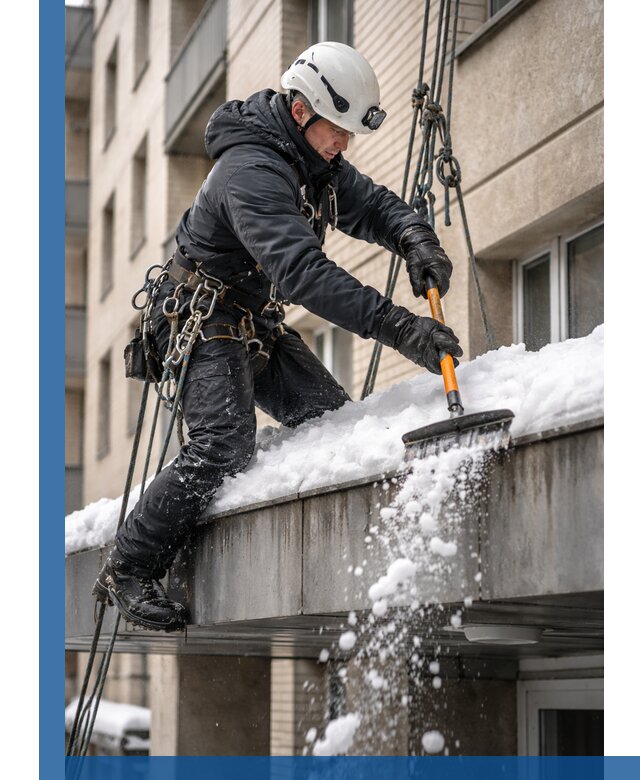 Очистка козырьков от снега в Лесосибирске круглогодично безопасно