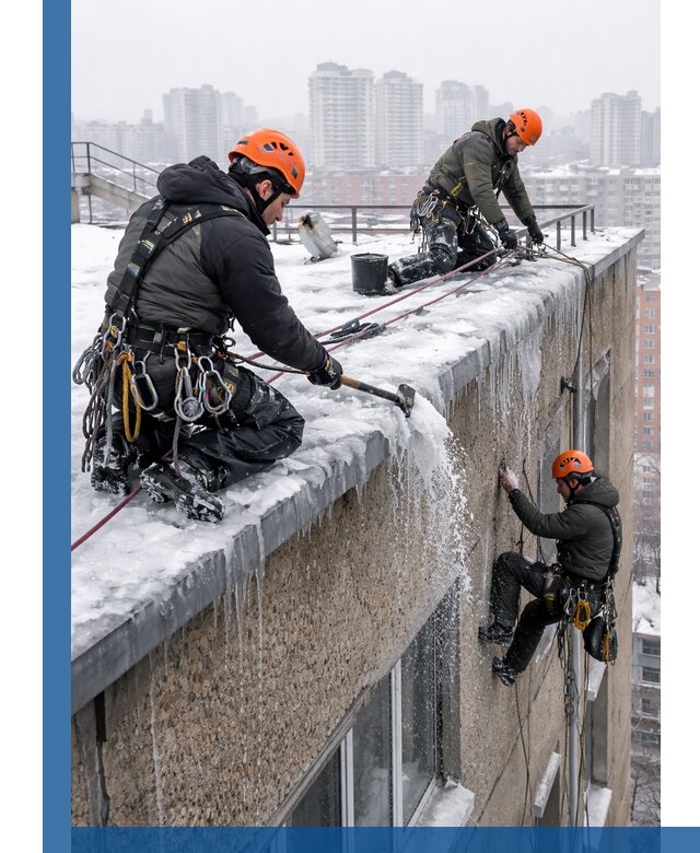 Удаление наледи с кровли в Лесосибирске промышленными альпинистами