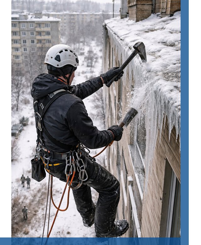 Сбивание сосулек с крыши в Лесосибирске по цене от 4687 р. | ВЫСОТНИК-Лсс