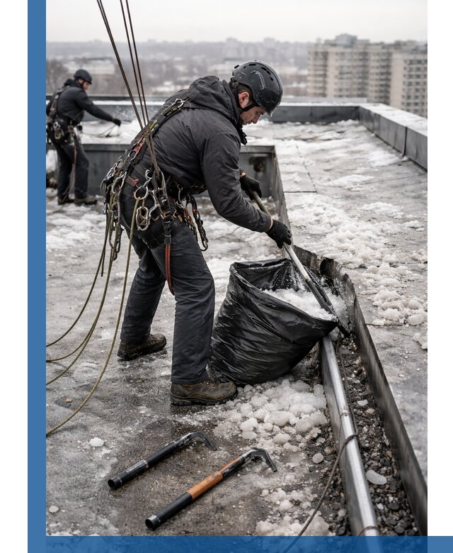 Аварийная очистка кровли в Лесосибирске от промальпинистов