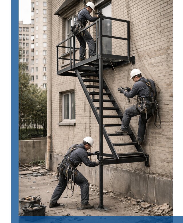 Монтаж пожарной лестницы в Лесосибирске, установка и крепление