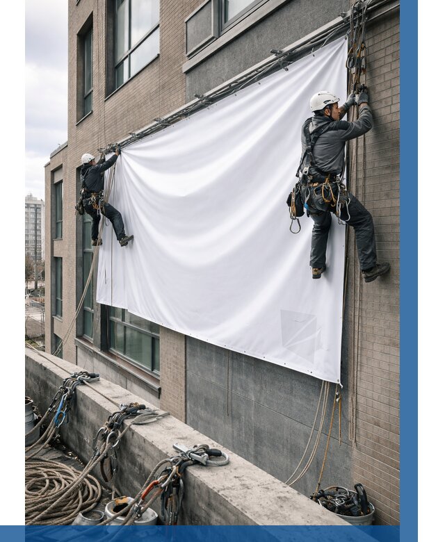 Монтаж баннеров на фасаде в Лесосибирске от 677 р. заказать ВЫСОТНИК-Лсс