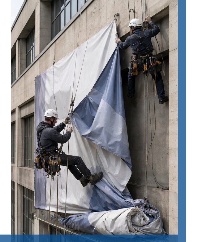 Демонтаж баннеров с фасада в Лесосибирске от 4687 р. | ВЫСОТНИК-Лсс