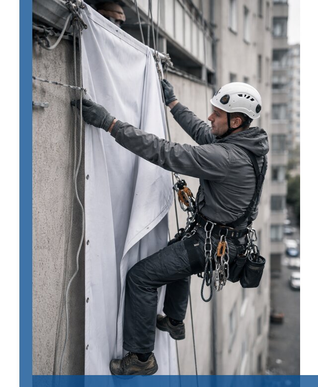 Замена баннерного полотна промышленными альпинистами в Лесосибирске
