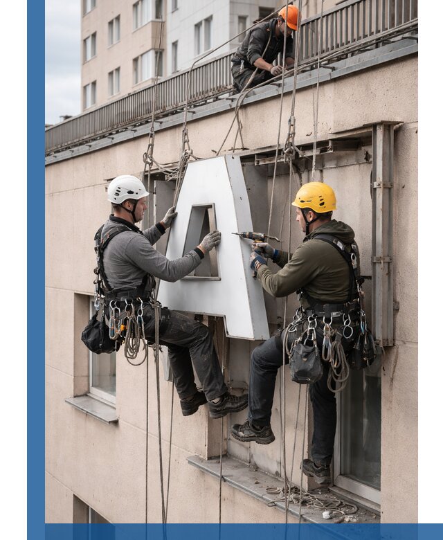 Ремонт и восстановление наружных вывесок на высоте в Лесосибирске