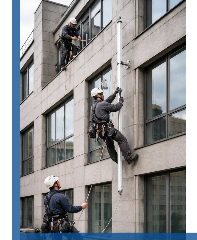 Монтаж флагштока на фасаде здания с креплением и герметикой в Лесосибирске