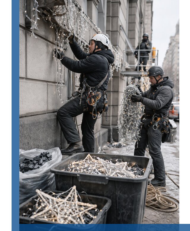 Демонтаж новогоднего оформления и гирлянд в Лесосибирске