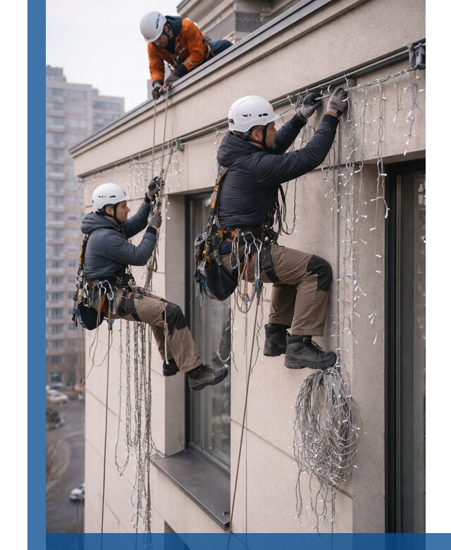 Монтаж праздничных гирлянд на фасаде в Лесосибирске для зданий