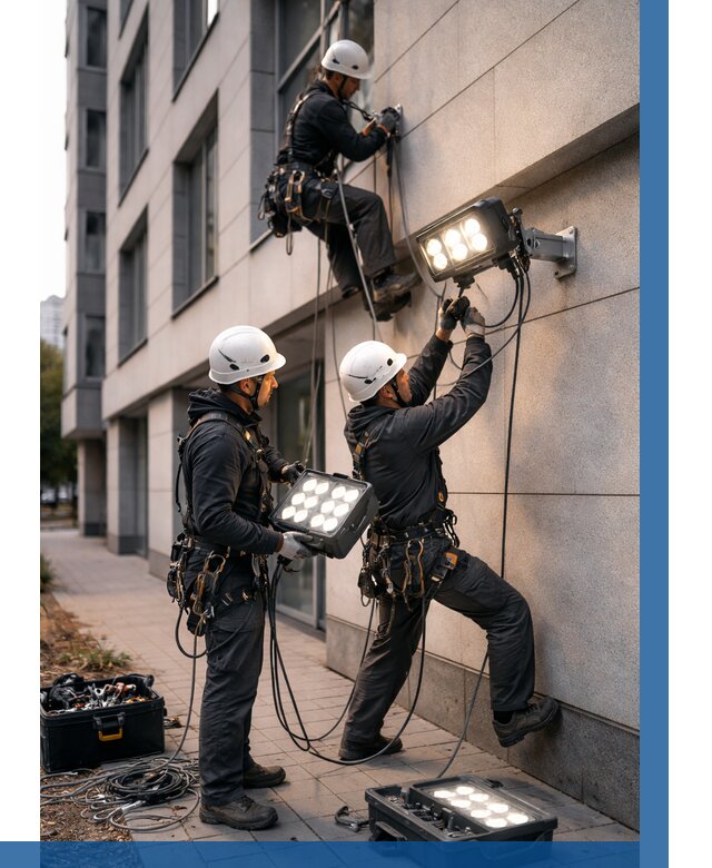 Монтаж прожекторов на фасаде в Лесосибирске от 7811 р. | ВЫСОТНИК-Лсс