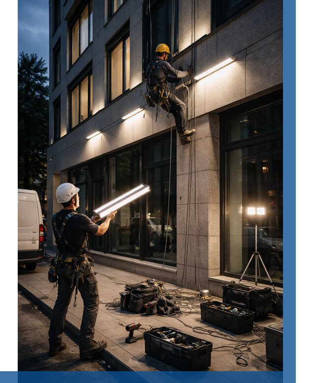 Монтаж архитектурной подсветки здания в Лесосибирске от 2604 р.|ВЫСОТНИК-Лсс