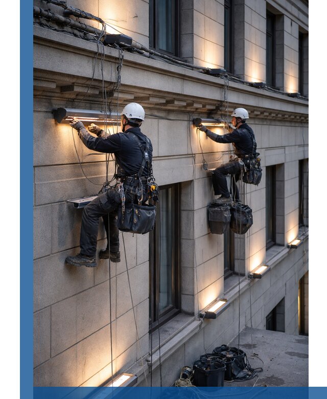 Монтаж архитектурной подсветки фасадов зданий в Лесосибирске