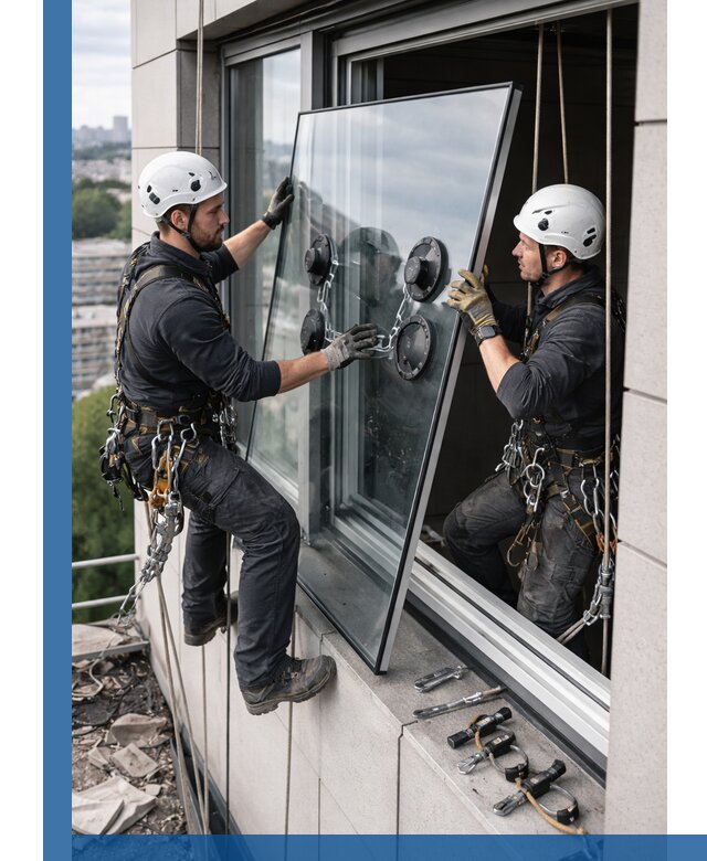 Замена стеклопакетов на высоте с промышленными альпинистами в Лесосибирске