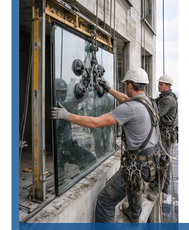 Монтаж стеклопакетов на высоте в Лесосибирске с промышленным альпинизмом