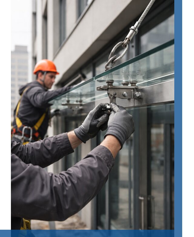 Монтаж стеклянных козырьков в Лесосибирске от 8853 р. | ВЫСОТНИК-Лсс