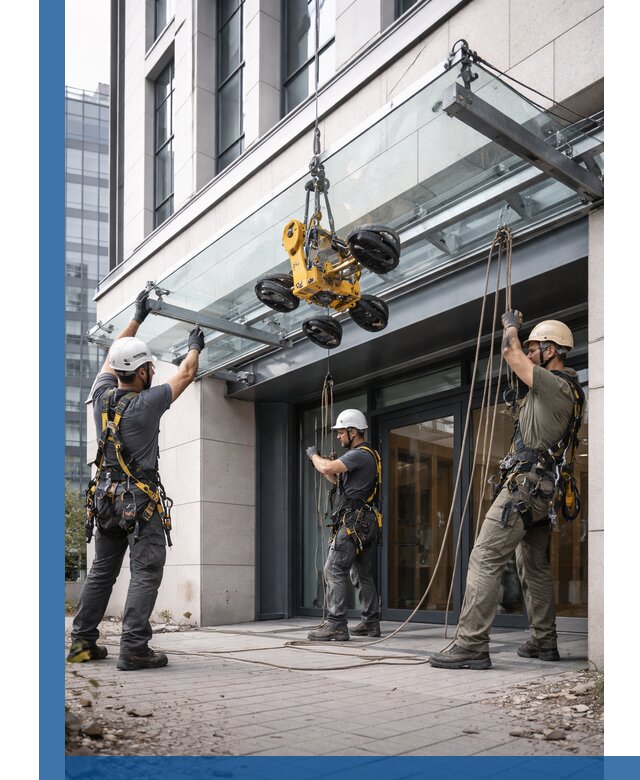 Монтаж стеклянных козырьков под ключ в Лесосибирске для зданий