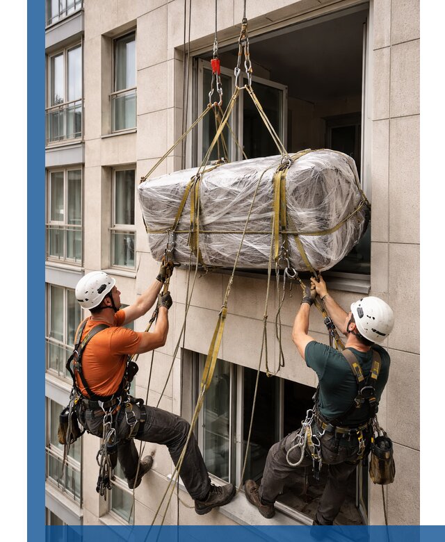 Подъем грузов через окно в Лесосибирске промышленными альпинистами