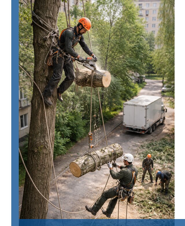 Спил деревьев альпинистами в Лесосибирске, безопасно и без повреждений