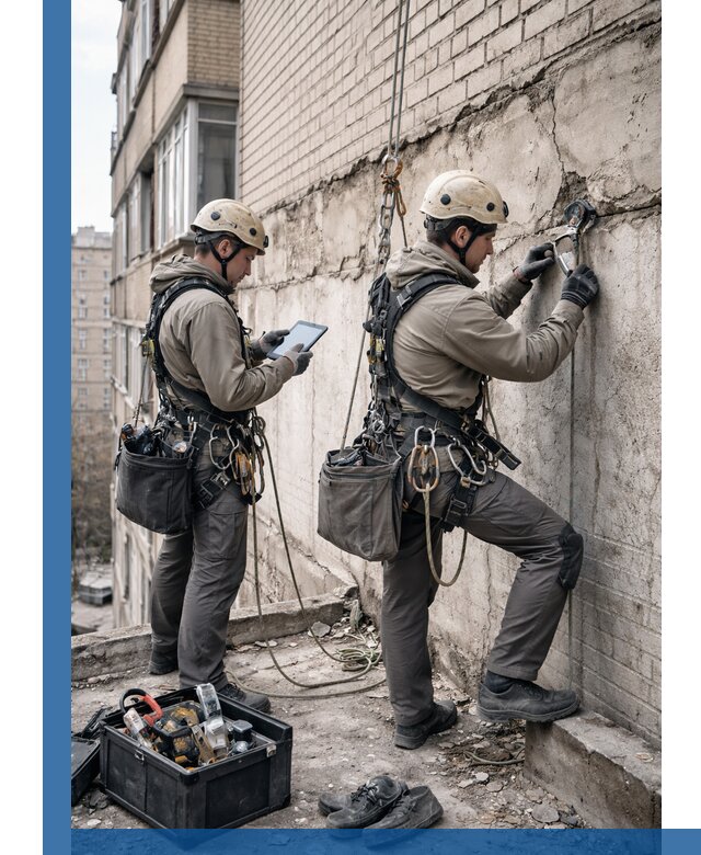 Обследование фасада промышленными альпинистами в Лесосибирске